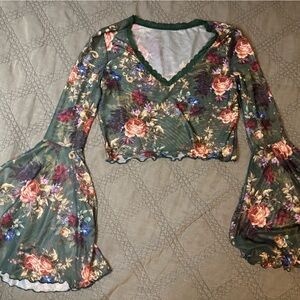 Sheer Floral Green Long Sleeve Top
